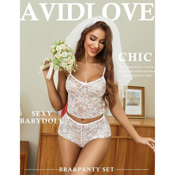 🆕Women White Lace Bra and Panty Set V Neck Baby doll 2 Piece Mesh Bralette Set - Picture 2 of 7